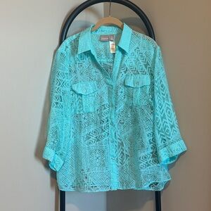 Chico’s Size 2  ( X large)  Button Down Shirt in aqua blue.  Like new condition.